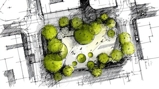 Architectural sketch detailing an urban park, featuring green trees and a modern city layout from an overhead perspective, illustrating sustainable landscape design and urban planning concepts
