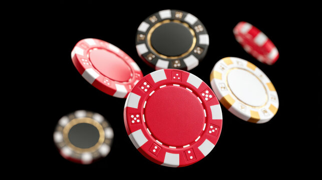 Colorful casino chips flying in the air, symbolizing luck and excitement in gambling and gaming.