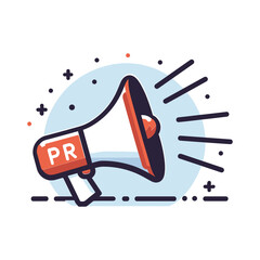 A graphic illustration of a megaphone with "PR" on its side, symbolizing public relations and communication.