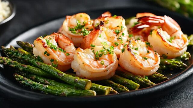 A plate of shrimp and asparagus. The shrimp are cut into small pieces and are covered in parsley
