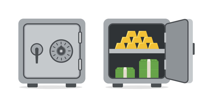 Safe containing money and gold. Open and closed metal vault. Bank safe icons. Box with door for secure deposits. Financial storage container. Vault with lock. Security and protection concept. Vector.