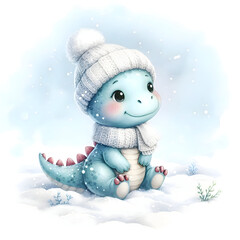Cute Baby Dinosaur in Winter Knit  Scarf and Hat Sitting in Snow, Whimsical Digital Art Collection