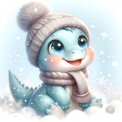 Cute Baby Dinosaur in Winter Knit Hat and Scarf Sitting in Snow, Whimsical Digital Art Collection