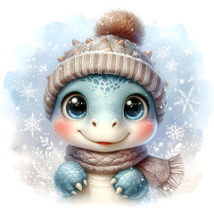 Adorable Baby Dinosaur Wearing Knitted Winter Hats and Scarves in Snowy Background, Watercolor Style Illustration