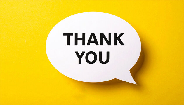 White speech bubble with text THANK YOU on bright yellow background, expression of gratitude