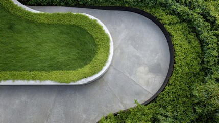 Modern garden design showcasing a clean, minimalist outdoor space with curved green lawn planters, neatly trimmed hedges, and contemporary grey concrete paving, viewed from above