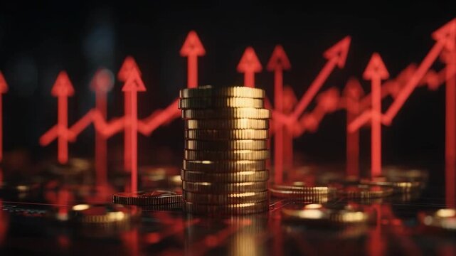 A stack of coins on a reflective surface with red upward arrows in the background, symbolizing financial growth and rising markets.