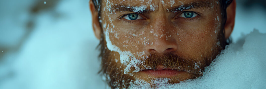 Powerful close-up portrait of rugged man with intense gaze and piercing blue eyes, his face and full beard covered in white, frothy foam against serene blue backdrop.