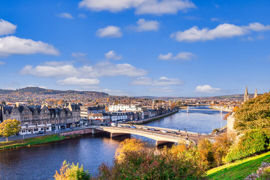 Fototapeta Inverness skyline and the River Ness in Autumn, high level viewpoint. Inverness is regarded as the capital of the Highlands.