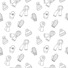 Hats, scarves and mittens seamless pattern, hand drawn, vector illustration