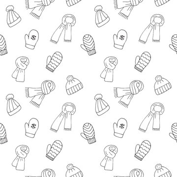 Hats, scarves and mittens seamless pattern, hand drawn, vector illustration