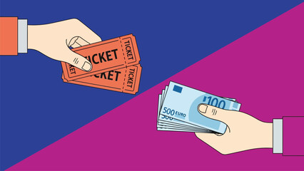 Ticket Purchase Transaction Vector Illustration. Hands Exchanging Event Passes for Euro Currency Payment.