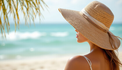 Woman wearing large straw hat relaxing on tropical beach with calm ocean background