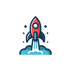 A stylized cartoon illustration of a red and blue rocket launching into space with clouds of smoke.