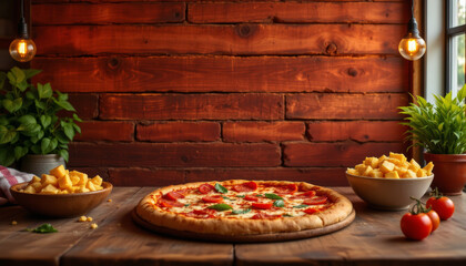 Pepperoni pizza with fresh basil and tomato on wooden table with bowls of snacks and plants