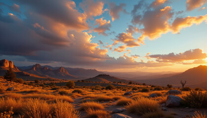 Golden sunset over dry grassland with rocky mountains and dramatic clouds