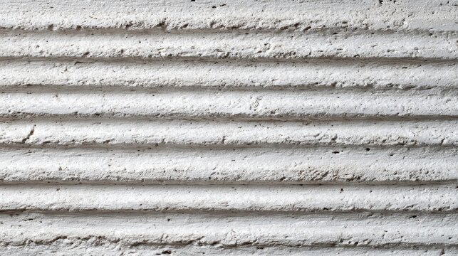 White concrete wall showcasing a rough, textured surface with horizontal grooves, forming a ribbed pattern, creating an abstract background for design and architectural concepts