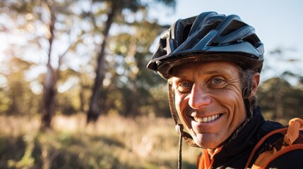 Smiling cyclist enjoys a sunny day in the woods while wearing a black helmet on an outdoor adventure