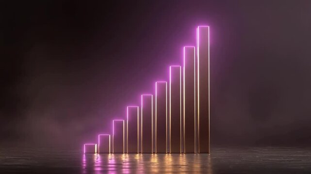 Neon-lit ascending bar graph with purple glow, bars rise in height and reflect on a dark glossy surface.