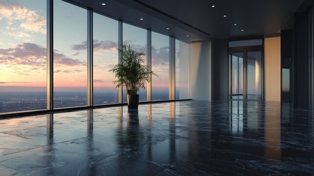 Contemporary high rise office with floor to ceiling glass offering sweeping metropolis skyline views at golden hour, minimalist luxury workspace evoking growth and opportunity