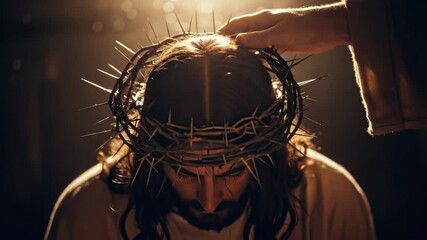 Man wearing a crown of thorns portrait. Passion of Christ and good friday religious concept. Christian easter.