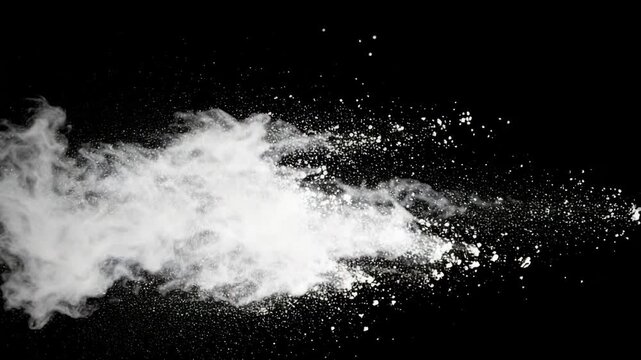 Explosion of white powder against a dark background, particles scattering, abstract movement of dust, fine powder cloud floating in air, density