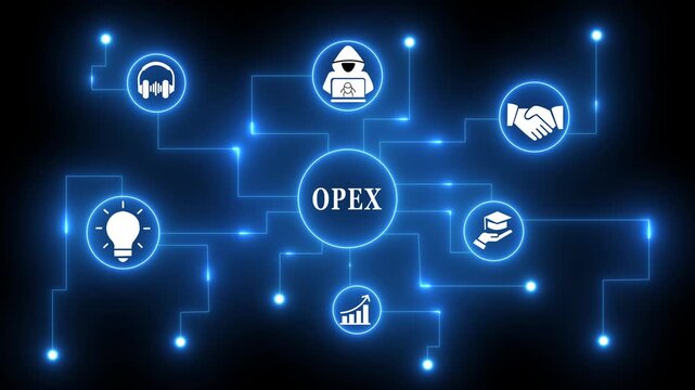 OPEX Business Concept Network with Icons and Blue Glowing Lines on Black Background OPEX
