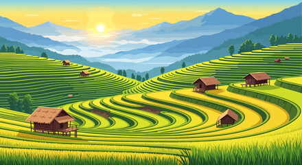 Fototapeta premium Rice terraces in a valley with small houses and mountains in the background.