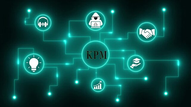 KPM Business Concept Network with Icons and Glowing Lines on Dark Background icons animation 