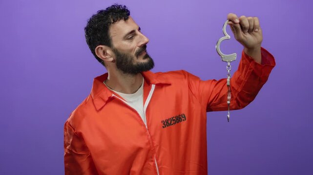 Hispanic man with beard in orange prison jumpsuit holding handcuffs against purple background, symbolizing incarceration and justice system.