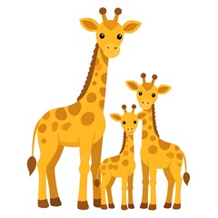 Obraz premium Illustration of a giraffe family consisting of an adult and two young giraffes. The animals have brown spots and long necks, standing against a white backdrop