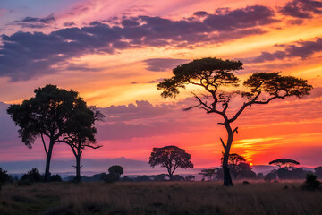 Beautiful sunset over the Serengeti safari landscape with a silhouetted tree against the orange and red sky