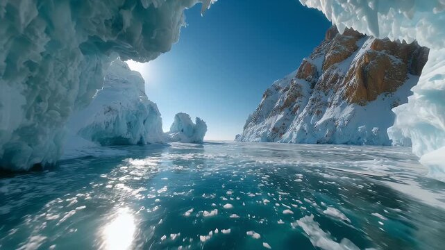Ice cave window over frozen mountain lake