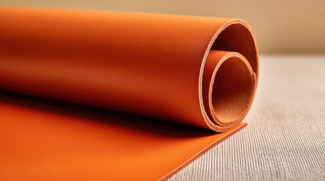 Orange leather sheet in a roll, displaying its fine grain and soft, supple surface, ready for use in various creative and industrial applications requiring durable, colorful material
