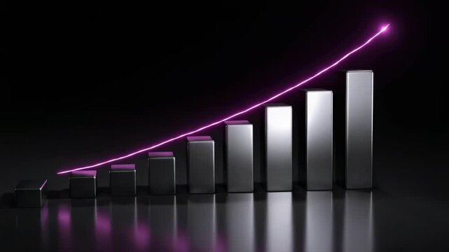 A bar chart with increasing black bars and a glowing pink growth curve arching over them.