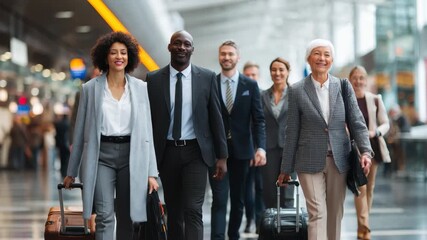 Business colleagues of diverse backgrounds navigate an airport terminal, engaged in conversation and carrying luggage during a busy travel period