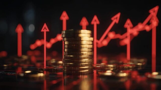 A stack of coins on a glossy surface with red upward arrows and a rising chart in the background, signaling financial growth.