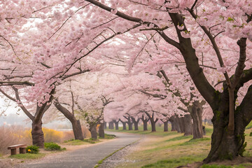 Obraz premium Pink cherry blossom tree in a spring park landscape