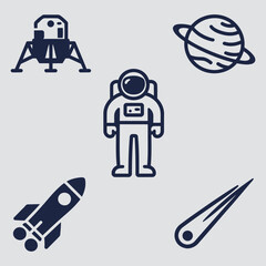 Set of space and astronomy vector icons. Includes astronaut, rocket, lunar lander, planet Saturn, and comet in dark blue. © 星星 段