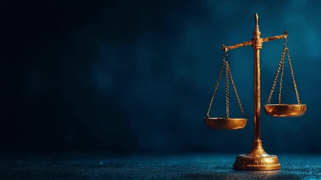 A golden balance scale (scales of justice) against a dark blue background.