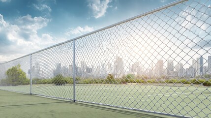 Fototapeta premium Skyline view from a fenced tennis court in an urban park during a bright sunny day