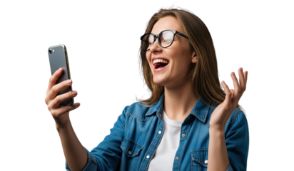 Young woman with glasses laughing while holding a smartphone, joyful video call and messaging portrait, isolated on transparent background. | Generative AI