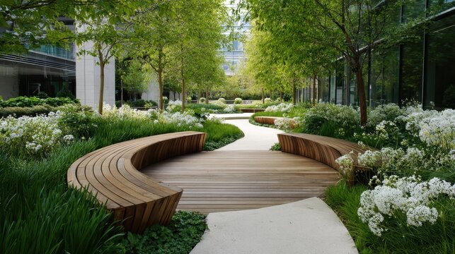Modern urban park featuring winding pathways and curved wooden benches surrounded by diverse green foliage. White flowering plants - Powered by Adobe