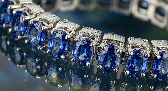 Close-up of a luxurious sapphire and diamond tennis bracelet reflecting on a polished surface.