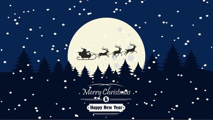 4k animation about winter scene with snow falling at night accompanied by santa claus flying and riding a sleigh with moon background. Christmas theme. - Powered by Adobe