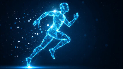 Digital human running with glowing lines and dots, representing the concept of speed, motion, and technological advancement in sports and human performance