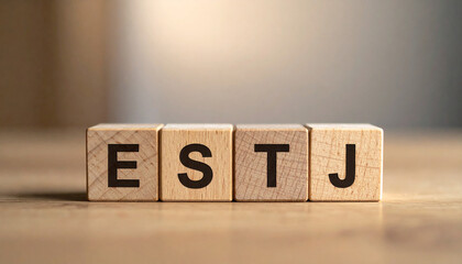 Wooden cubes with abbreviation ESTJ. Extraverted, Sensing, Thinking, Judging. Personality type.
