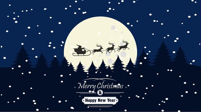 4k animation about winter scene with snow falling at night accompanied by santa claus flying and riding a sleigh with moon background. Christmas theme.