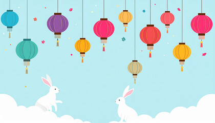 Obraz premium Colorful lanterns and rabbits illustration