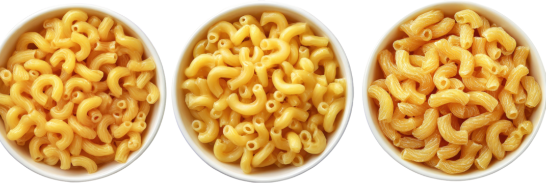 Uncooked macaroni in three white bowls (1)